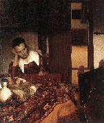 Jan Vermeer A Woman Asleep at Tablec oil painting on canvas